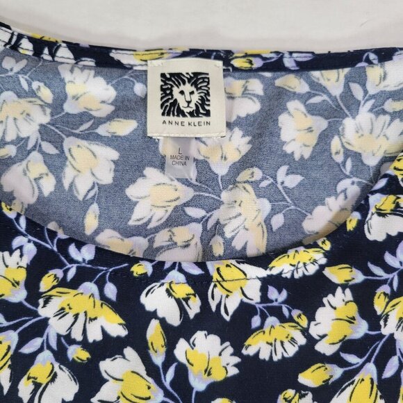 Anne Klein Women Dark Floral Navy/Yellow Short Sleeve Lightweight Top Size L - Picture 3 of 8